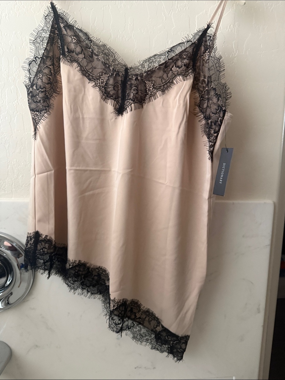 Silky Nude Chemise with Black Lace Trim